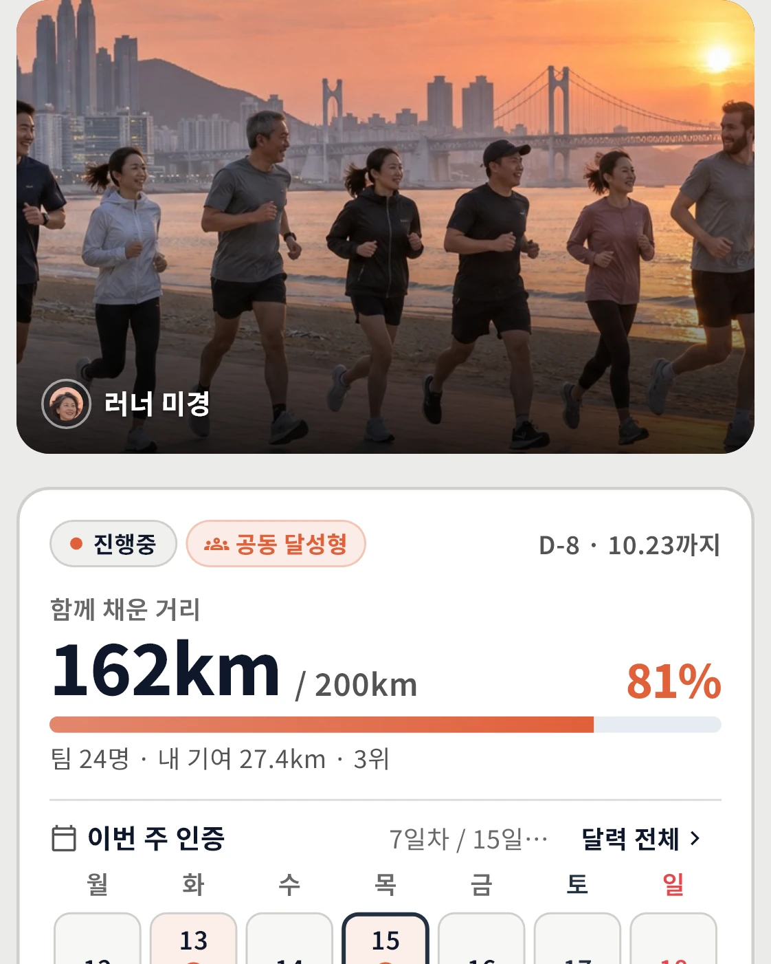 공동 목표 챌린지 화면 예시. 함께 채운 거리 128km / 200km · 64%, 팀 24명 · 내 기여 18.4km · 3위, 이번 주 인증 달력.